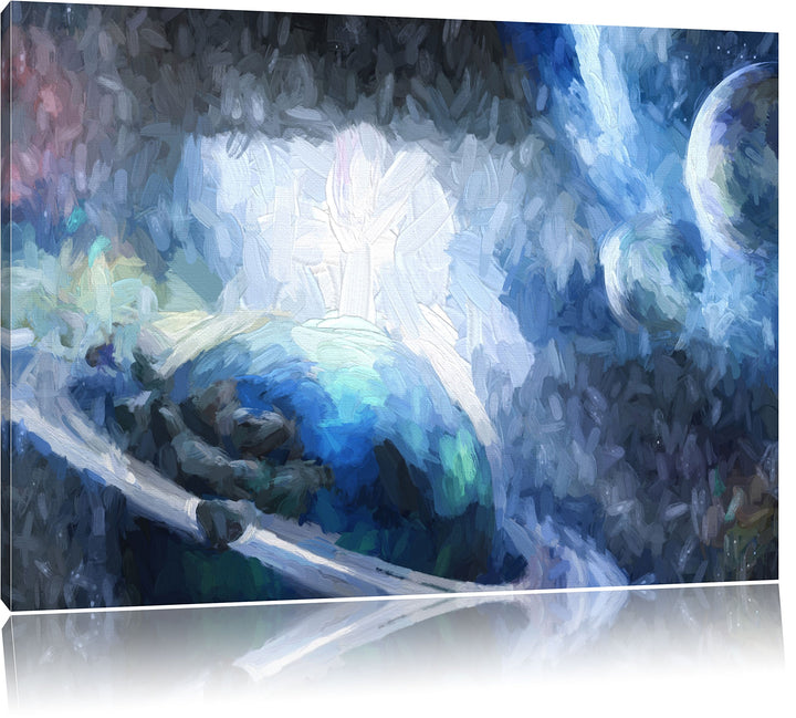 Pixxprint Planeten und Meteoriten im Weltraum Kunst Pinsel Effekt, Format: 100x70 auf Leinwand, 100x