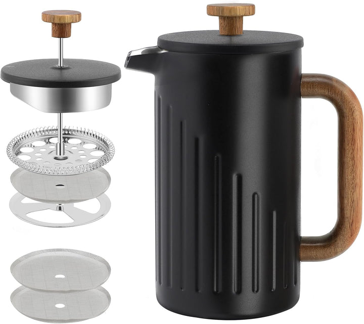 Rorence French Press 1L Edelstahl doppelwandig isoliert – Kaffeebereiter mit Holzgriff & Edelstahl-F