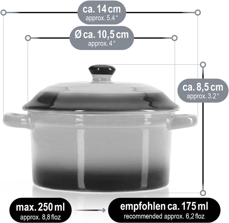 com-four® 4x Auflaufform mit Deckel aus Keramik - Dessertschale für Crème Brûlée - Mini-Schmortopf f