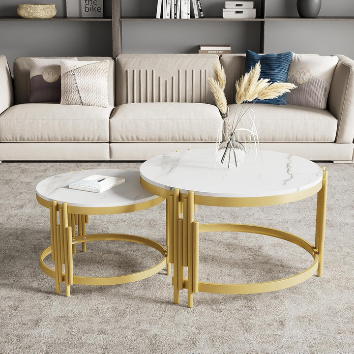 Merax Rund Couchtisch Set, 2-in-1 Nesting Couchtisch Satztisch, in Marmoroptik, Goldener Metallrahme