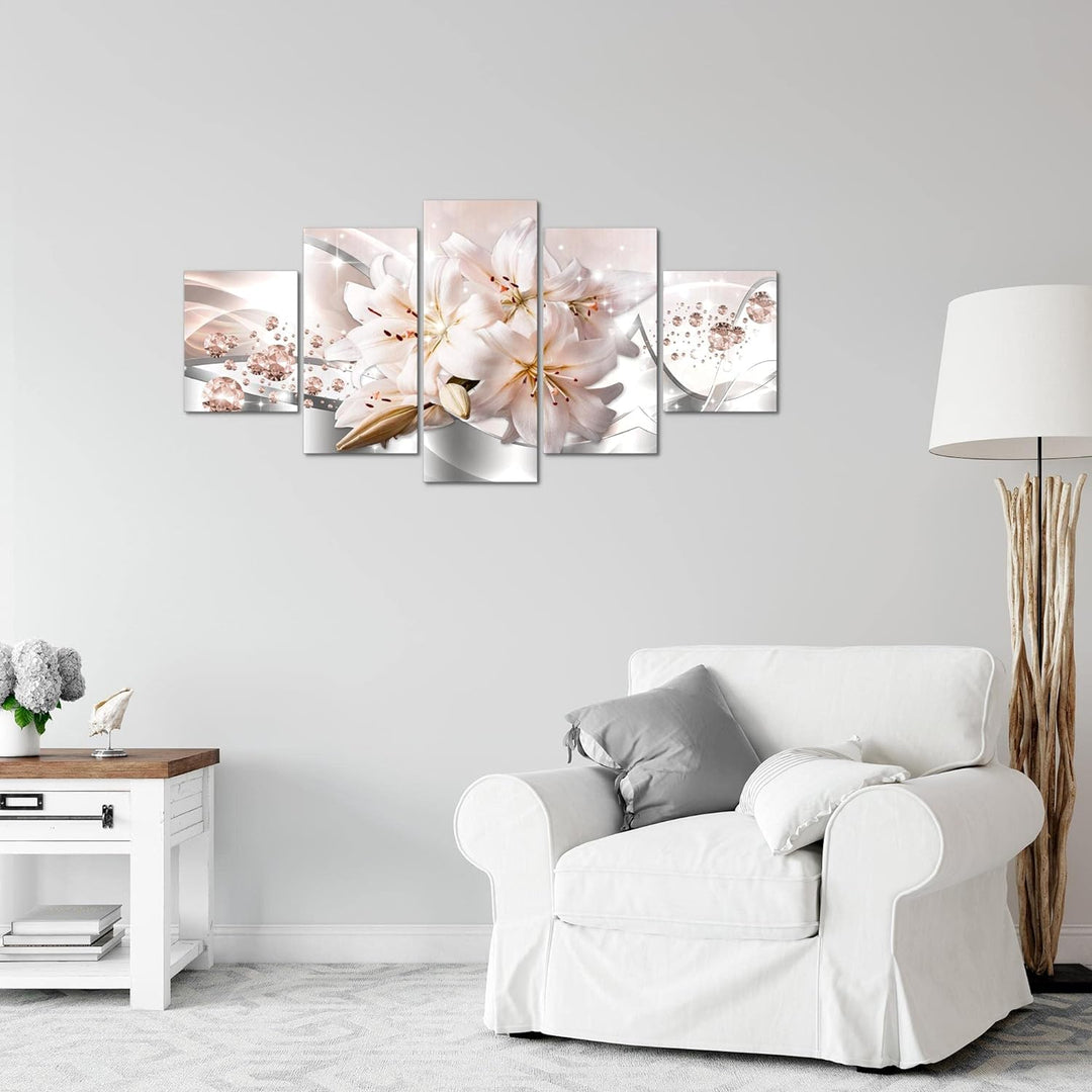 Runa Art Wandbilder Blumen Lilien 5 Teilig Bild auf Vlies Leinwand Deko Wohnzimmer Diamant Beige Gra