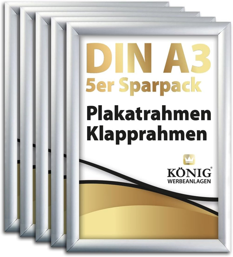 5 Plakatrahmen DIN A3 | 25mm Aluminium Profil, Silber | inkl. entspiegelter Schutzscheibe | Alu Klap
