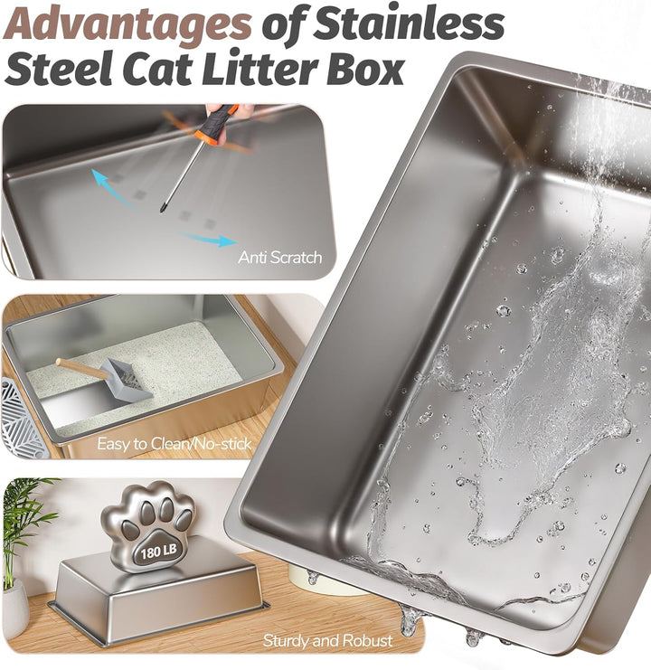 XXL Edelstahl Katzenklo mit Deckel, 110° Flip-Cover Design Geschlossen Katzentoilette aus Edelstahl,