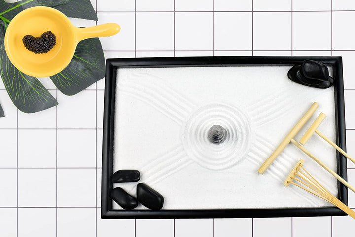 Artcome Japanese Zen Sand Garden for Desk with Rake, Stand, Rocks and Mini Furnishing Articles - Off