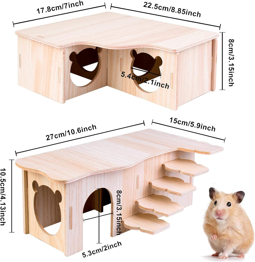 Vegena 2 Stück Hamster Haus, Hamster Haus aus Holz, Hamster Mehrkammernhaus, Hamster Eckhaus Holz Ha