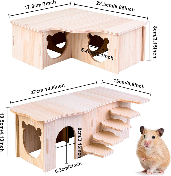 Vegena 2 Stück Hamster Haus, Hamster Haus aus Holz, Hamster Mehrkammernhaus, Hamster Eckhaus Holz Ha
