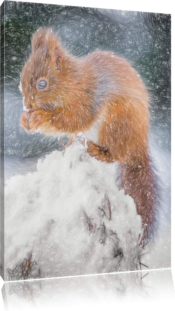Pixxprint Kleines Eichhörnchen im Winter als Leinwandbild/Grösse: 100x70 cm/Wandbild/Kunstdruck/fert