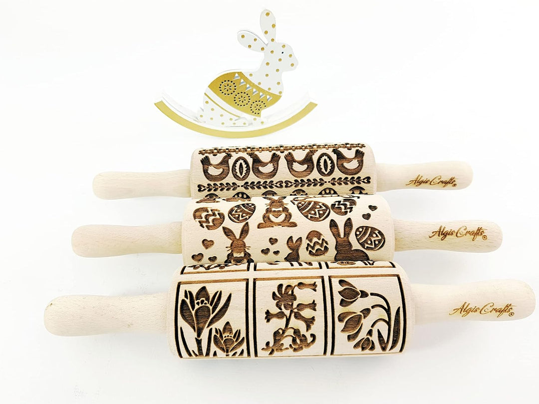 OSTERN 3-er SET Kinder Nudelhölzer Teigrolle für hausgemachtes Gebäck. Nudelholz mit muster. Gravier