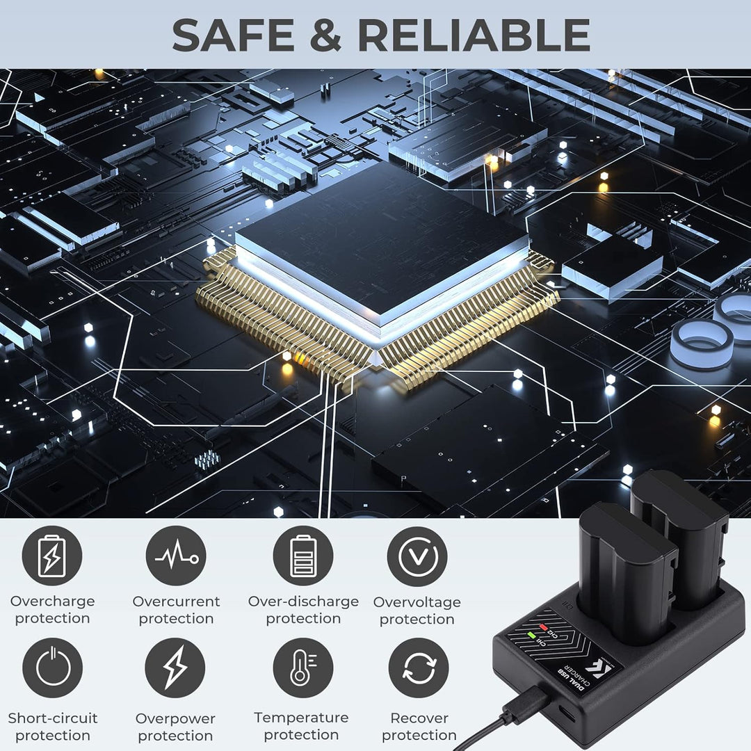 K&F CONCEPT EN-EL15/EN-EL15a/EN-EL15b Dual Slot Kameraakku Ladegerät, Micro USB und Typ-C Port Schne