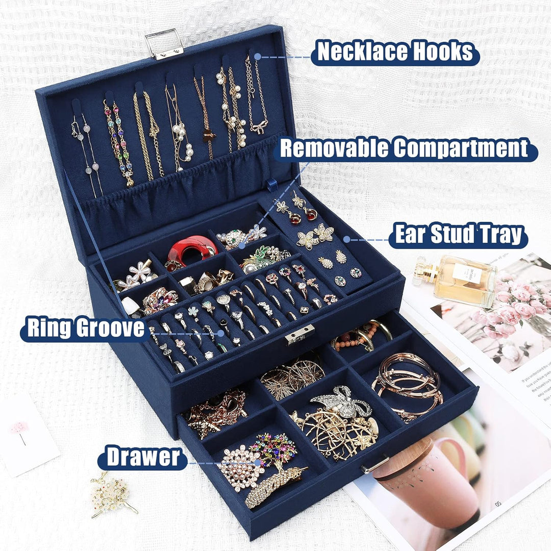 Schmuckkasten, Schmuckkästchen mit Schubladen für Damen Mädchen, Samt Schmuckbox Schmuckschatulle Gr
