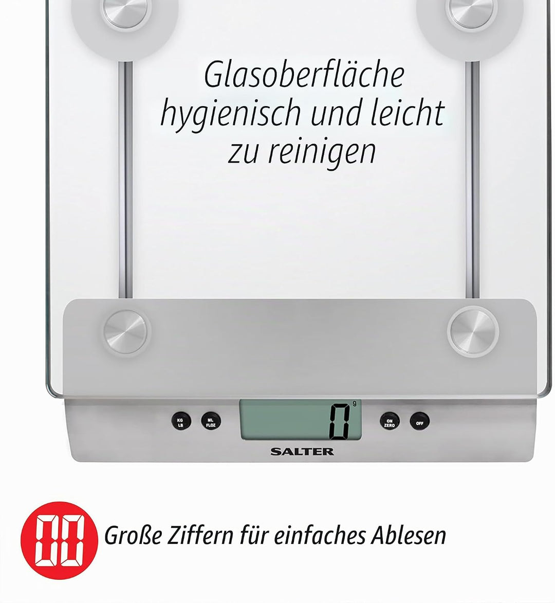SALTER digitale Küchenwaage, Stylische Glaswaage, Elektronische Küchenwaage, Wiegen Sie Lebensmittel