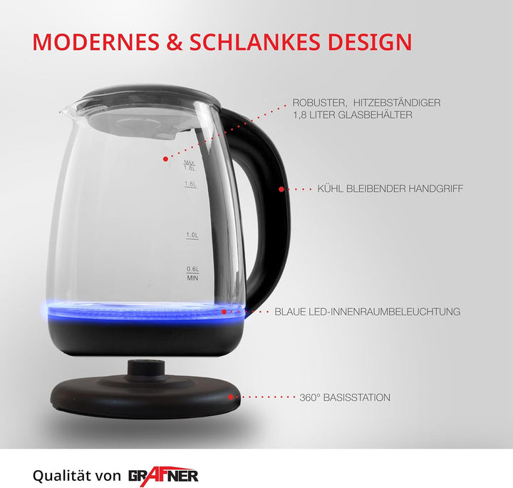 Grafner Design Glas Wasserkocher 1,8 Liter, 1800 Watt, mit blauer LED Beleuchtung, Trockenlaufschutz