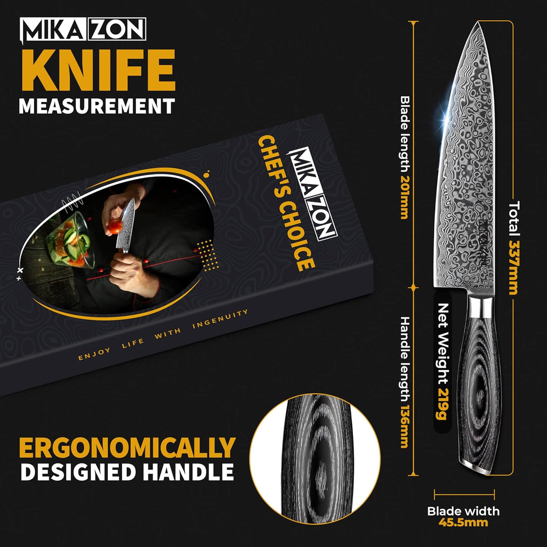Damast Kochmesser - Professionelles 20.1 cm Küchenmesser mit 67-lagiger Stahlkonstruktion und Pakkah