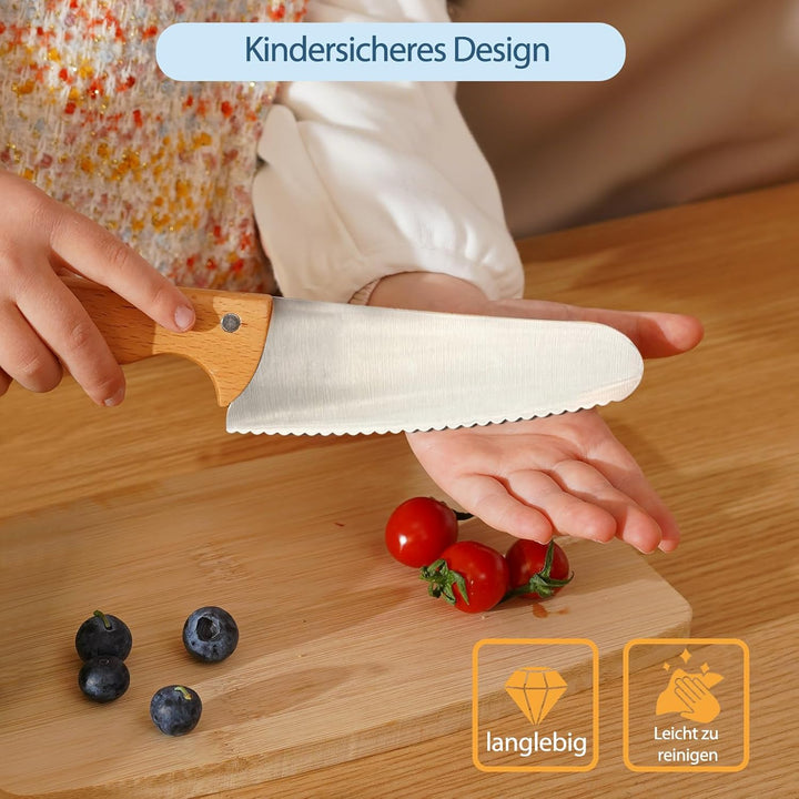 Kibbidea Kindermesser Set, Kinder Messer, Küchenmesser für Kinder ab 3 Jahren, Holzgriff, Edelstahl,
