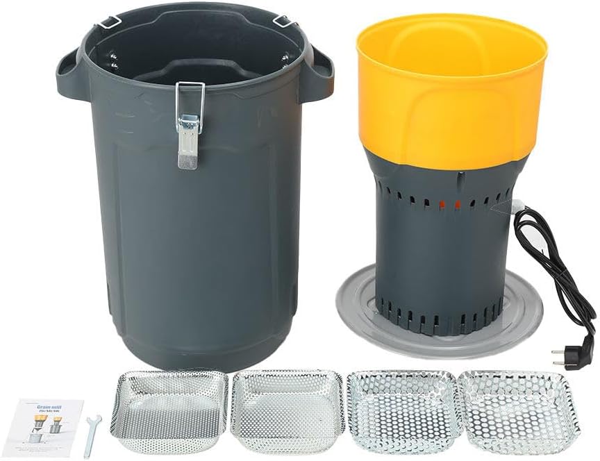 Elektrische Getreidemühle mit 25L Eimer, 1000 Watt Elektromotor,6,5L Einfülltrichter, 300 kg/h, Schr