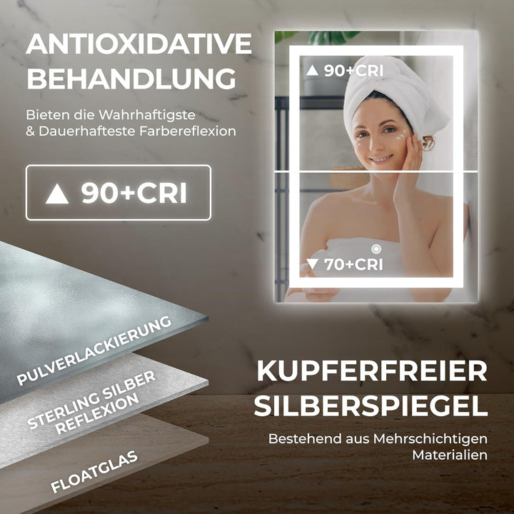 BR Bringer LED Badspiegel - 50x70 cm - Badezimmerspiegel mit Beleuchtung und Anti-Beschlag Funktion