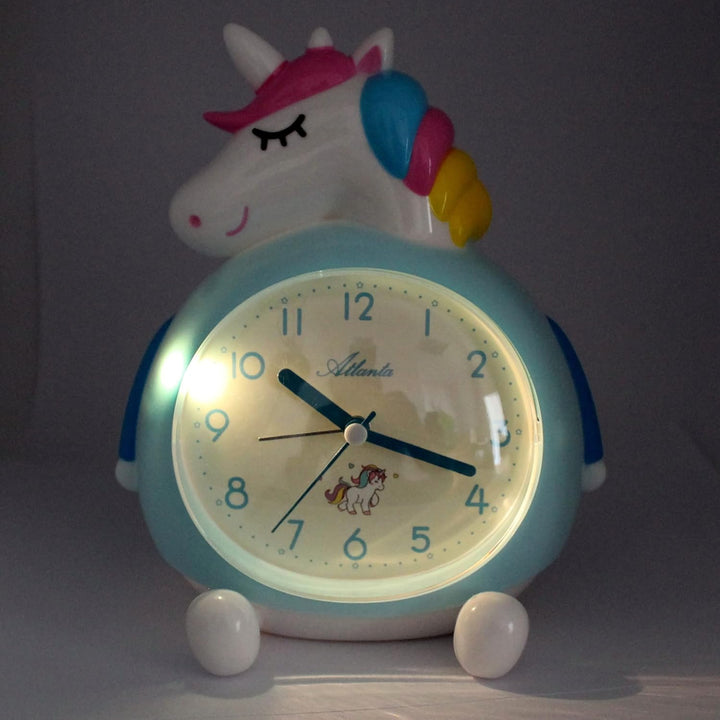 Atlanta Kinderwecker ohne Ticken Einhorn mit Musik Licht Obenabsteller Blau 17 cm - 2163 14 x 17 x 1