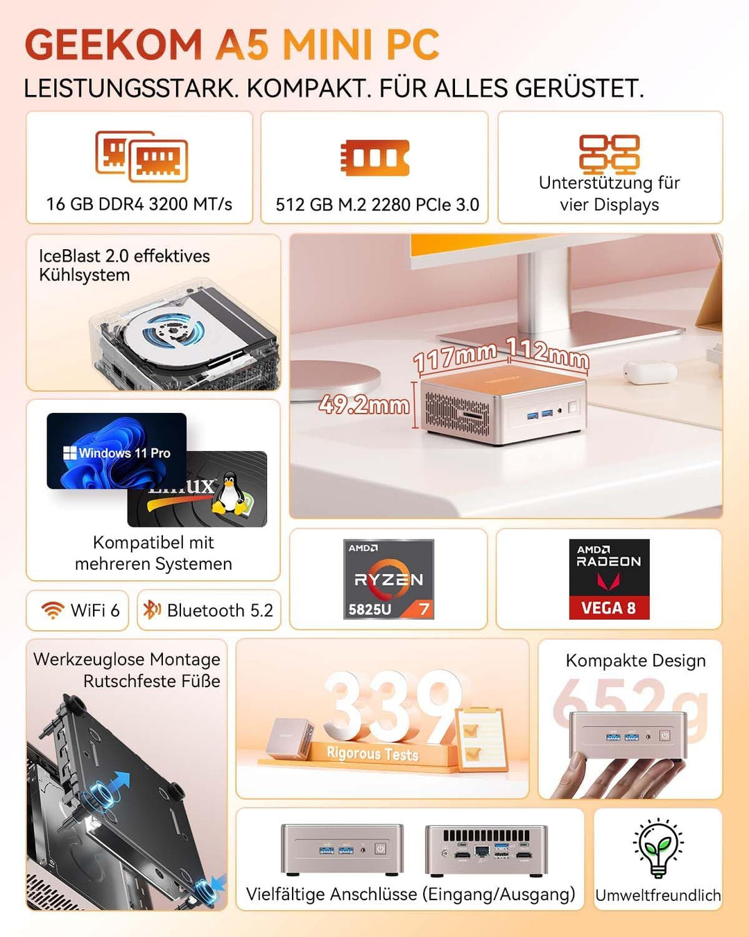 GEEKOM NUC Mini PC A 5, AMD Ryzen 7 5800H (bis zu 4.4GHz) Desktop PC, Mini Computer, 16 GB DDR4 512G