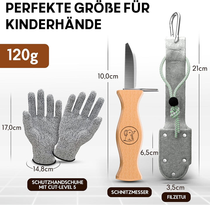 Eli® Schnitzmesser Kinder mit Filztasche und Schnitzholz ab 6 Jahre - hochwertiges Kindermesser Schn