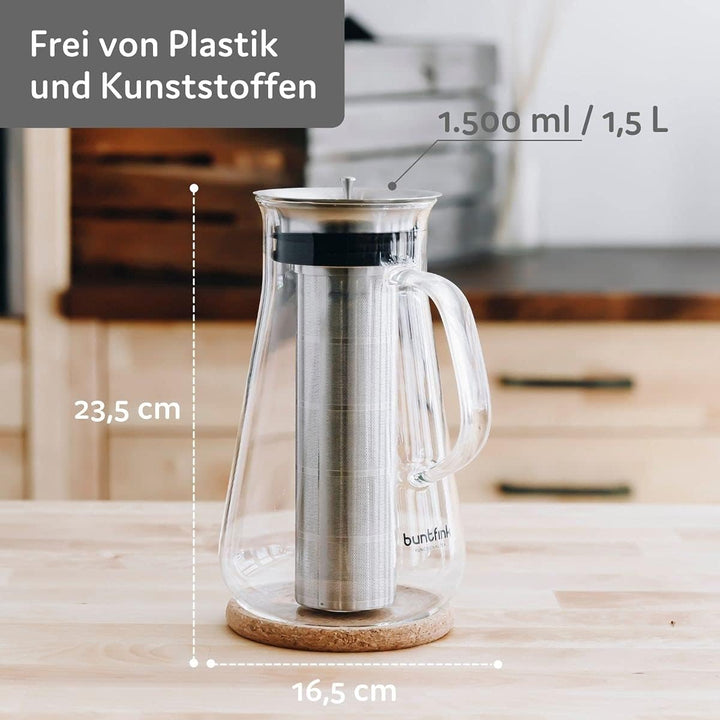 buntfink MultiPitcher 3-in-1 Kaffeebereiter für Cold Brew Coffee | Glaskaraffe 1,5 L | Wasserkaraffe