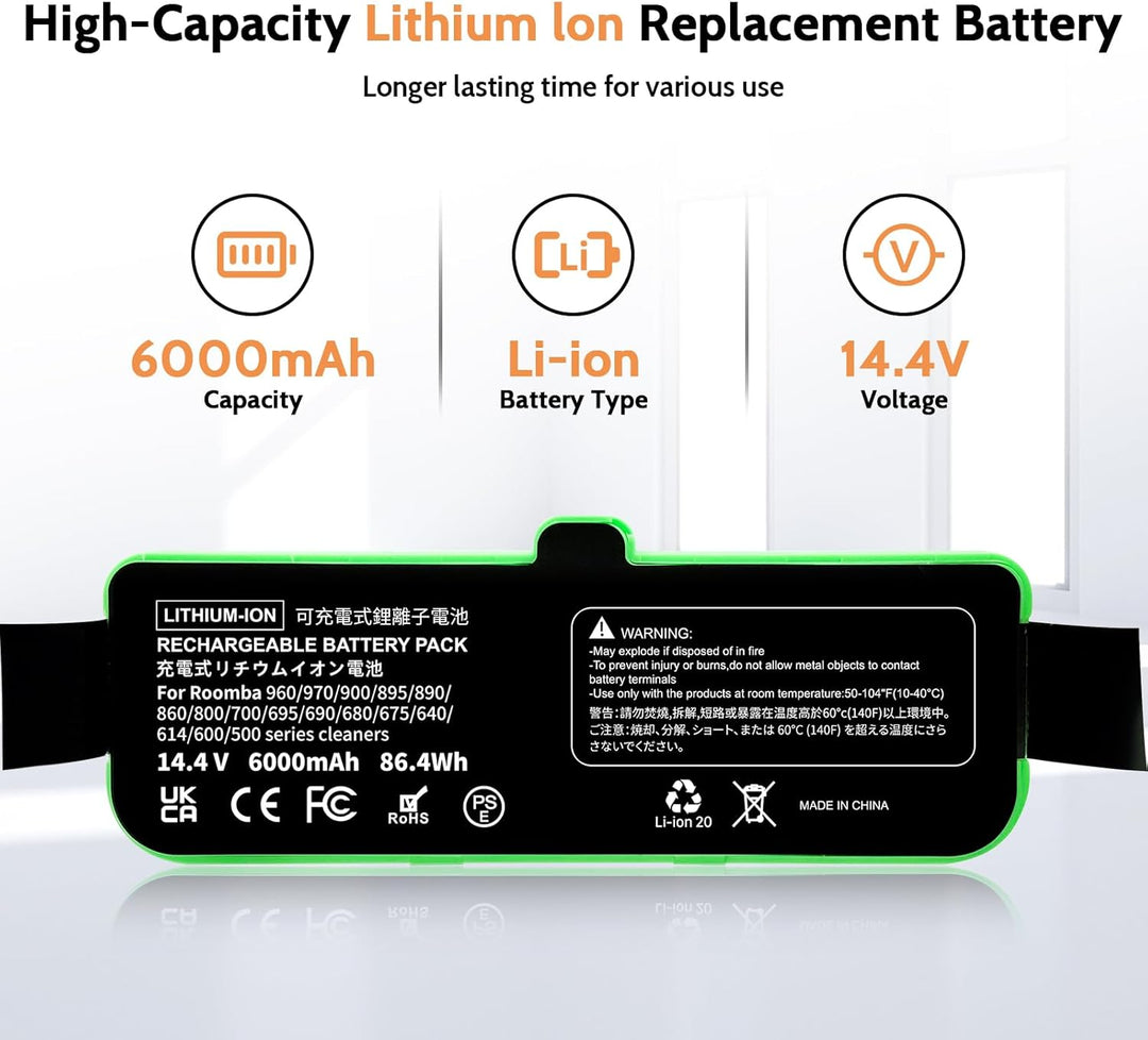 6000mAh Ersatzakku Kompatibel für iRobot Roomba 500 600 600 700 800 900 Serie für Roomba 960 981 970