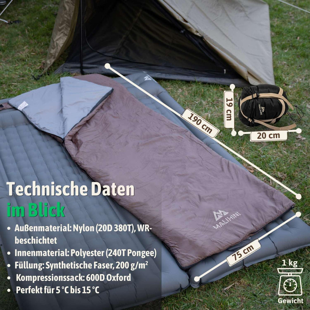 MALIHINI Deckenschlafsack Camping [Als Decke nutzbar & koppelbar] Leicht & kompakt, kleines Packmass