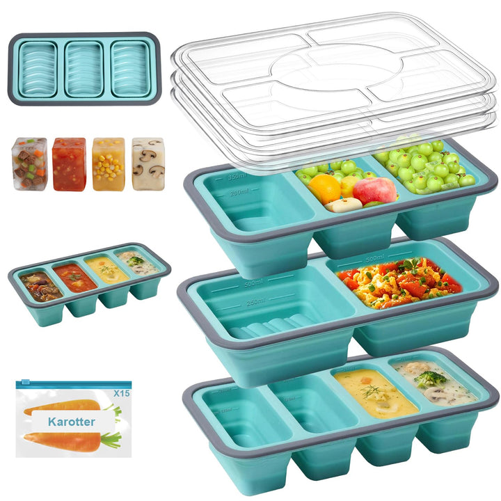 3 Stück Souper Cubes Set mit Deckel + 15 Gefrierbeutel, Faltbare Silikon Gefrierbehälter, 500/350/25