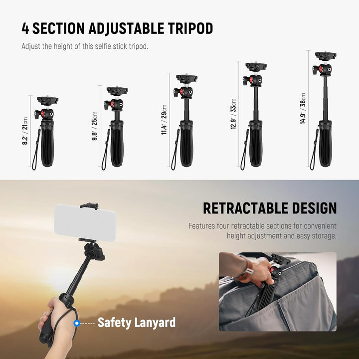 NEEWER TP38 Handy Kamera Stativ, 15" ausziehbarer Selfie Stick Mini Tripod Stand mit Telefonhalter,