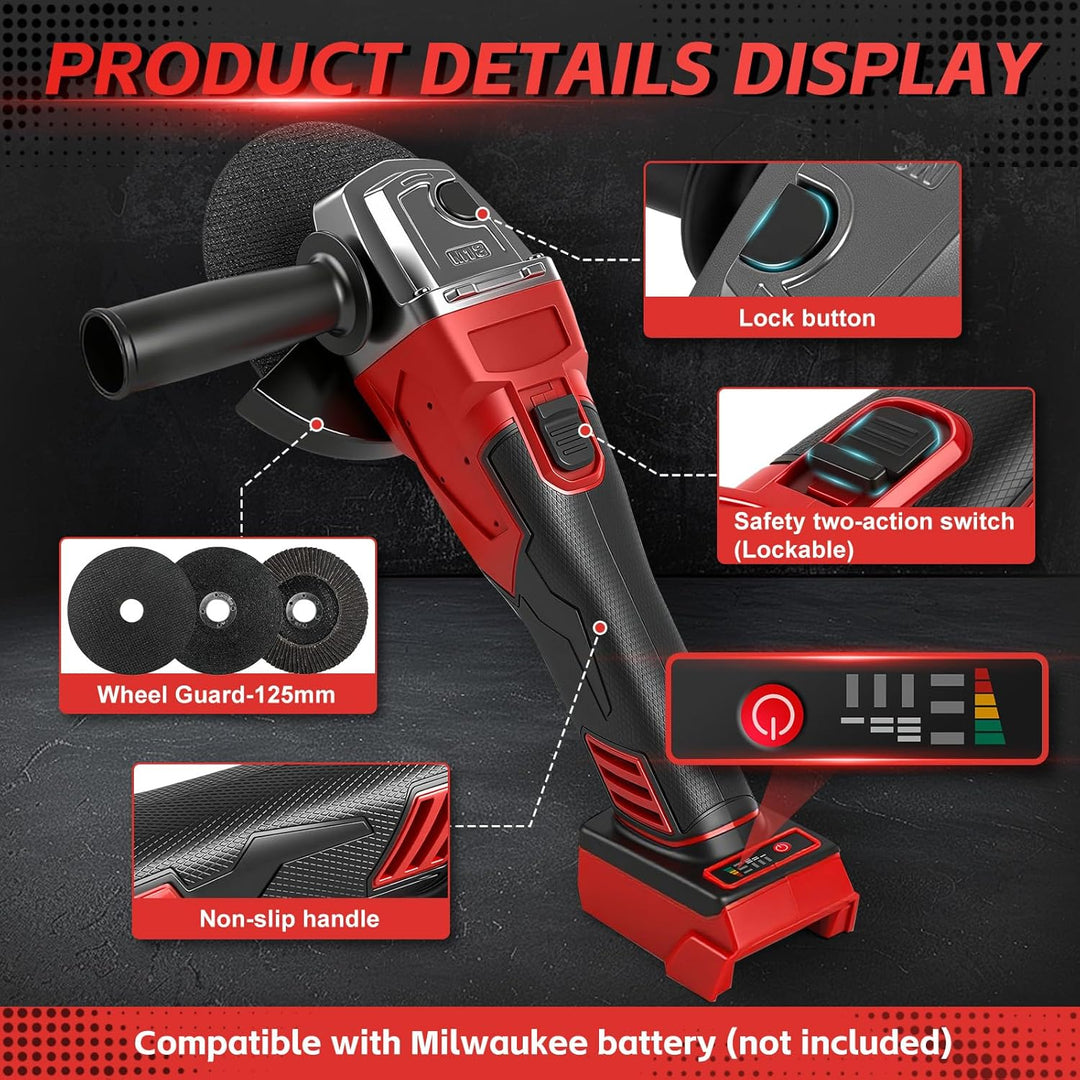 Akku Winkelschleifer für Milwaukee 18V,125mm Bürstenlos,3 Geschwindigkeiten,12000 U/min mit 4 M14 bi
