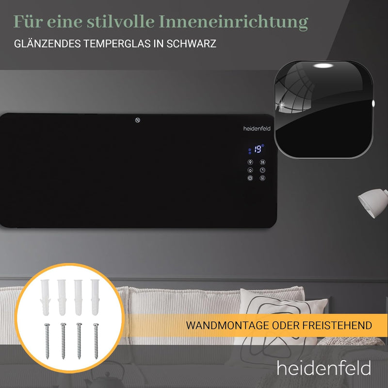 Heidenfeld Konvektor Heizung GK200 | 𝟯 𝐉𝐀𝐇𝐑𝐄 𝐆𝐀𝐑𝐀𝐍𝐓𝐈𝐄 - Glaskonvektor mit WLAN - 2000 Watt - Heizlüf