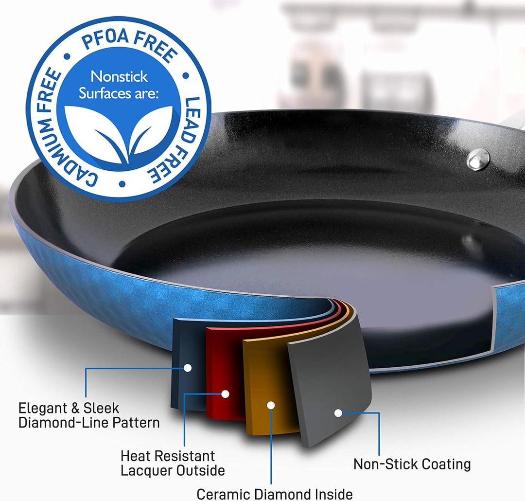 11'' Large Fry Pan - Stylish Kitchen Cookware with Elegant Diamond Pattern, Non-Stick (Works with Mo