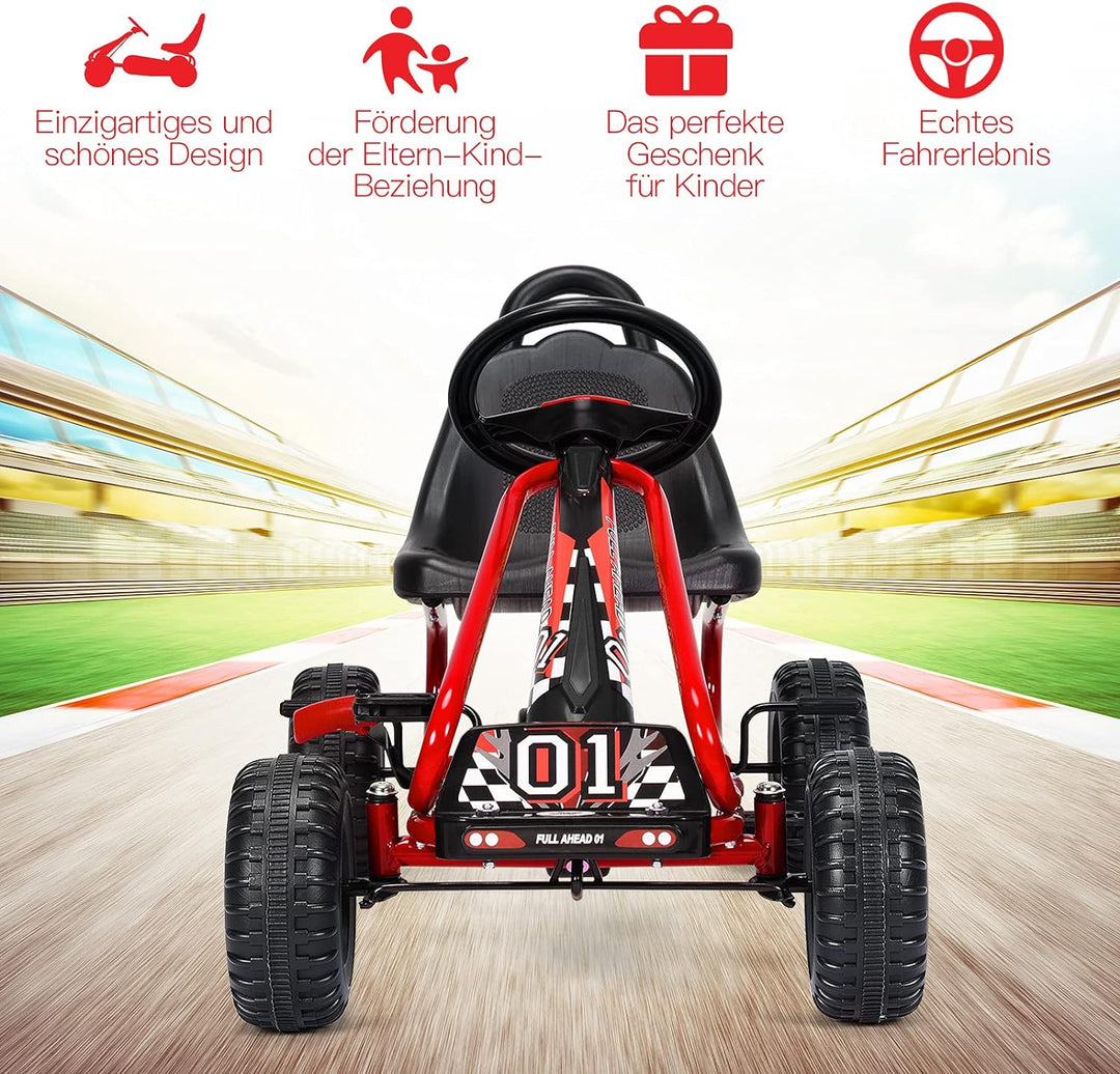 GOPLUS Gokart mit verstellbarem Sitz, Tretauto mit Handbremse und geschlossener Kettenabdeckung, Vor
