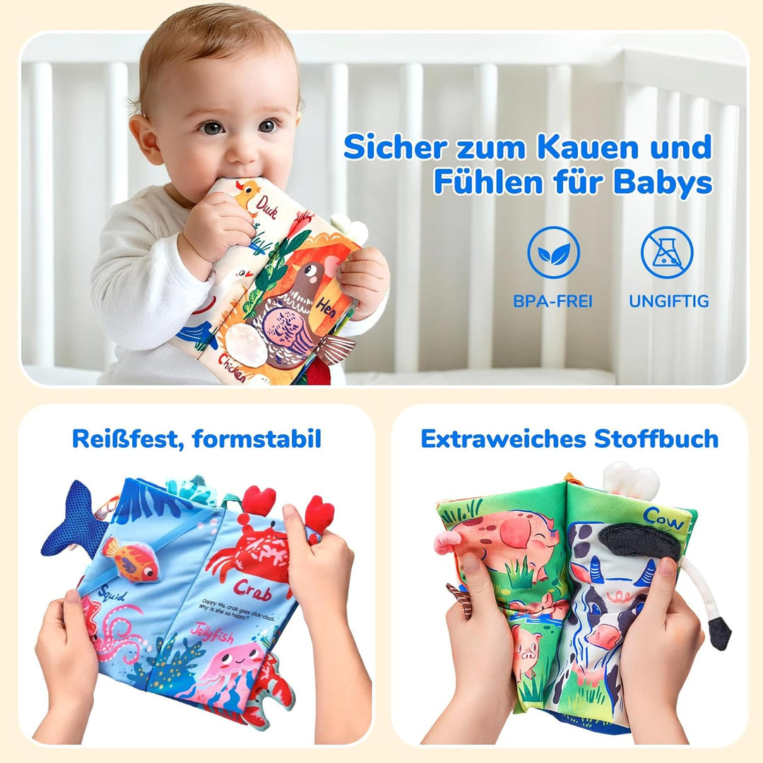 JoyCat Baby Spielzeug ab 0 3 6 Monate, 2 Stück Babybuch Stoffbuch, Bauernhof &amp; Ozean Fühlbuch Kniste
