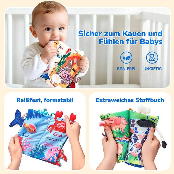 JoyCat Baby Spielzeug ab 0 3 6 Monate, 2 Stück Babybuch Stoffbuch, Bauernhof &amp; Ozean Fühlbuch Kniste