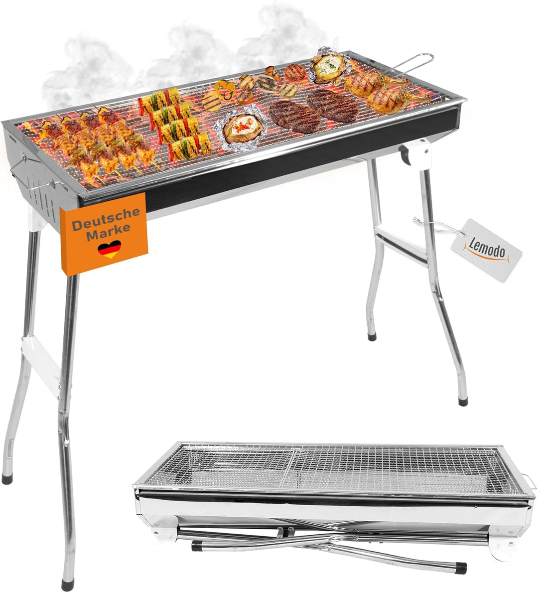 Lemodo Faltbarer Holzkohlegrill – Tragbarer Campinggrill klappbar, Edelstahl-Grill für Outdoor, Pick