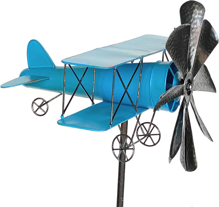 DanDiBo Gartenstecker Metall Flugzeug XL 160 cm Doppeldecker Blau 96099 Windspiel Windrad Wetterfest