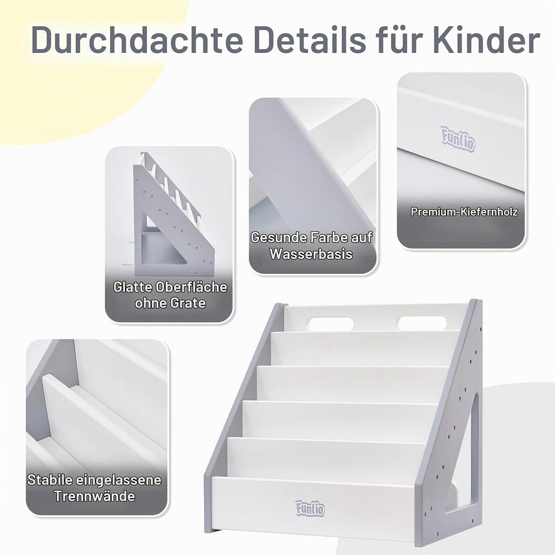 FUNLIO Montessori Bücherregal für Kleinkinder 1-5 Jahre, frontales Kinderbuchregal mit Griff und Kip