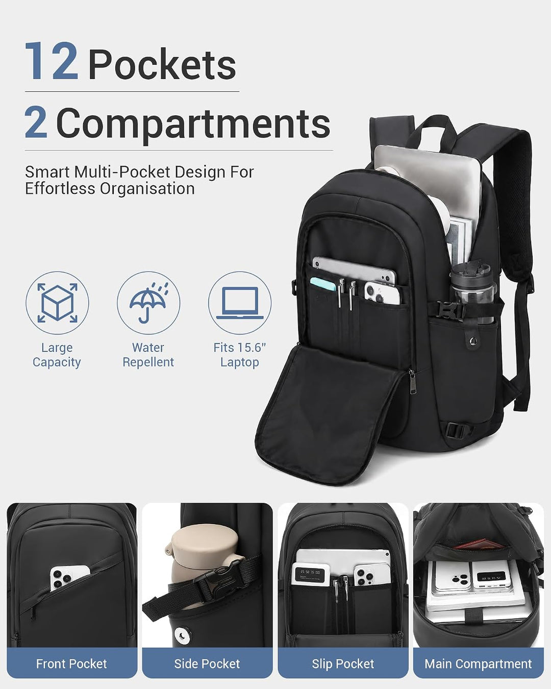 KONO Rucksack Herren, Laptop Rucksack 15,6 Zoll Schulrucksack Teenager Arbeit Laptoptasche mit USB L