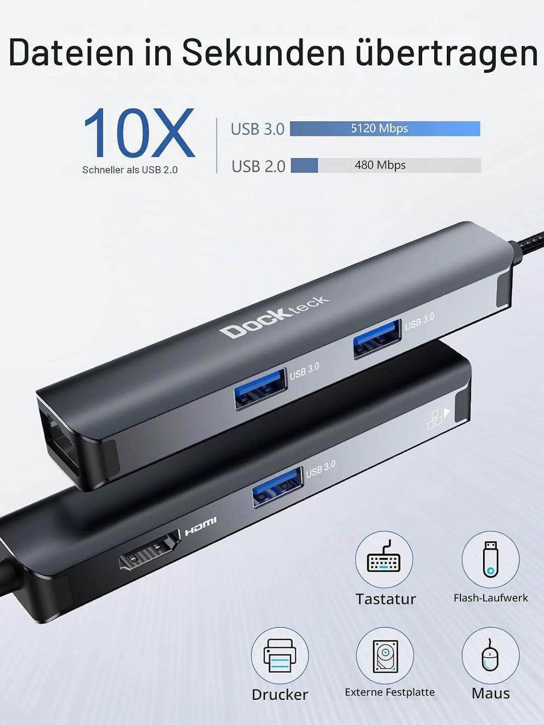 USB C Hub Dockteck 5 in 1 USB C Dock, USB-C Adapter mit Ethernet LAN RJ45, 4K HDMI, 3 USB 3.0 für Ma
