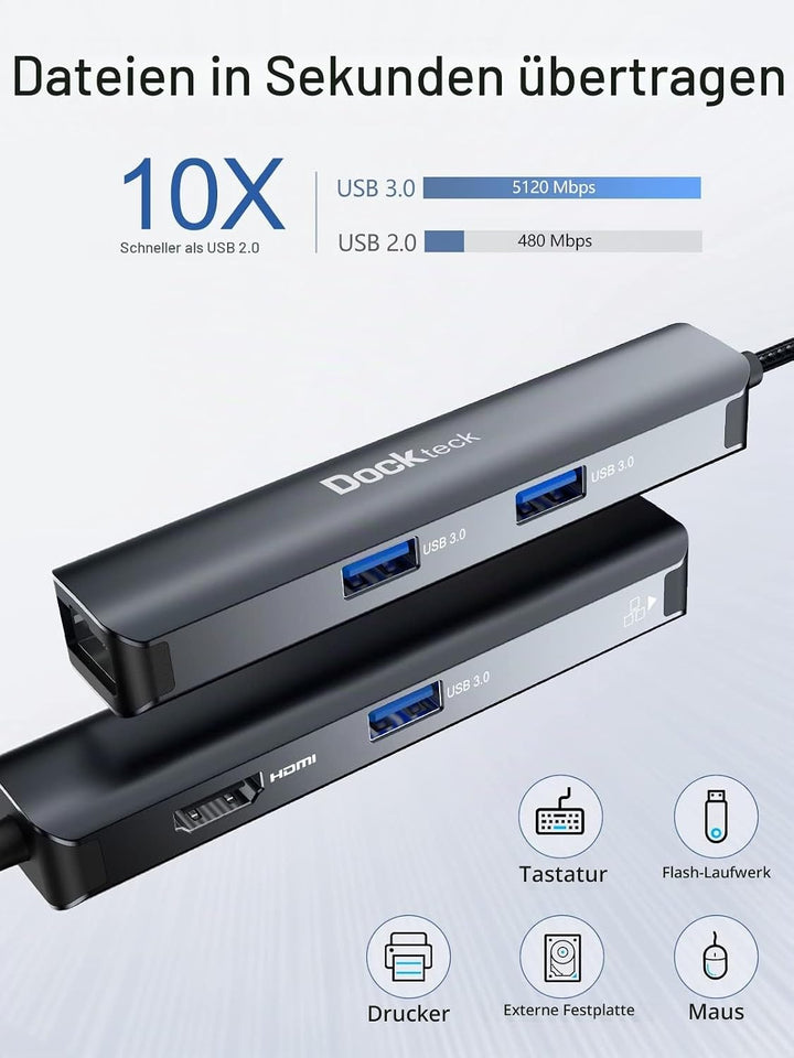 USB C Hub Dockteck 5 in 1 USB C Dock, USB-C Adapter mit Ethernet LAN RJ45, 4K HDMI, 3 USB 3.0 für Ma