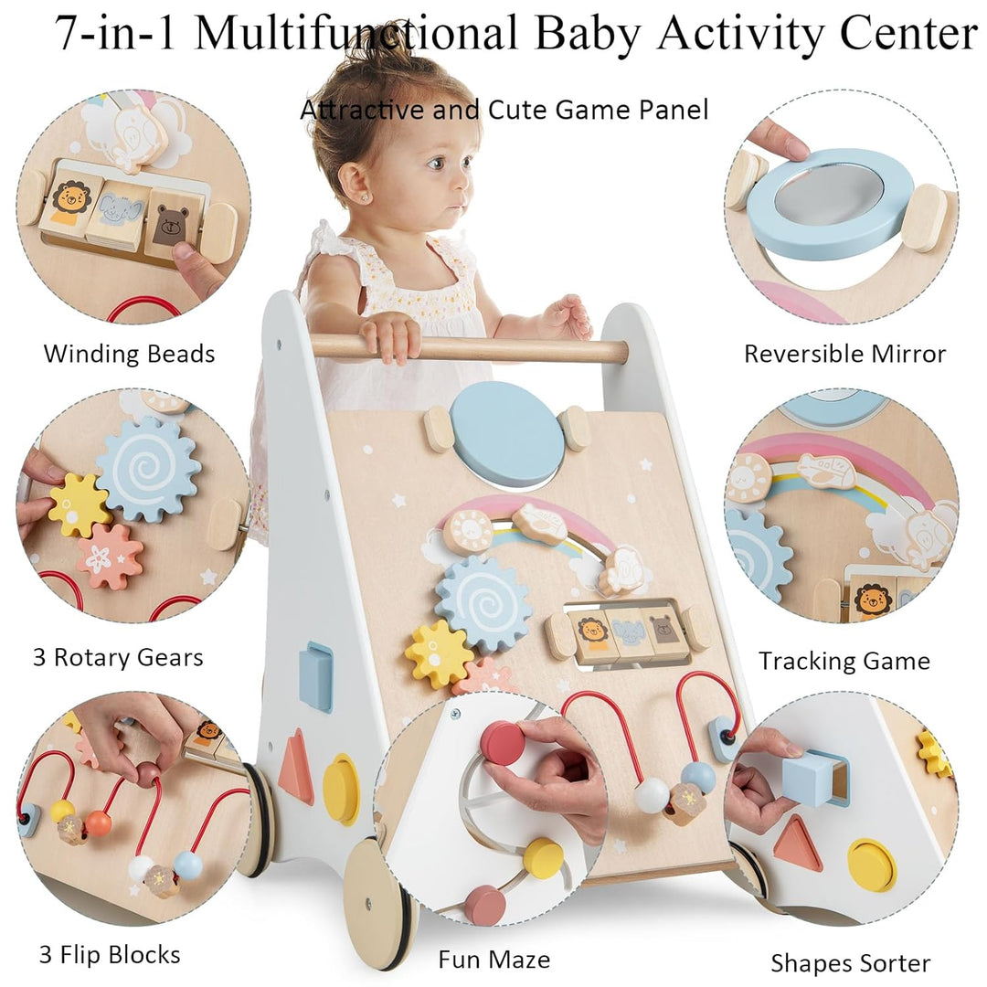 LIFEZEAL Lauflernwagen Holz, Lauflernhilfe mit Stauraum, Bauklötzen &amp; Spielboard, Baby Walker ab 36