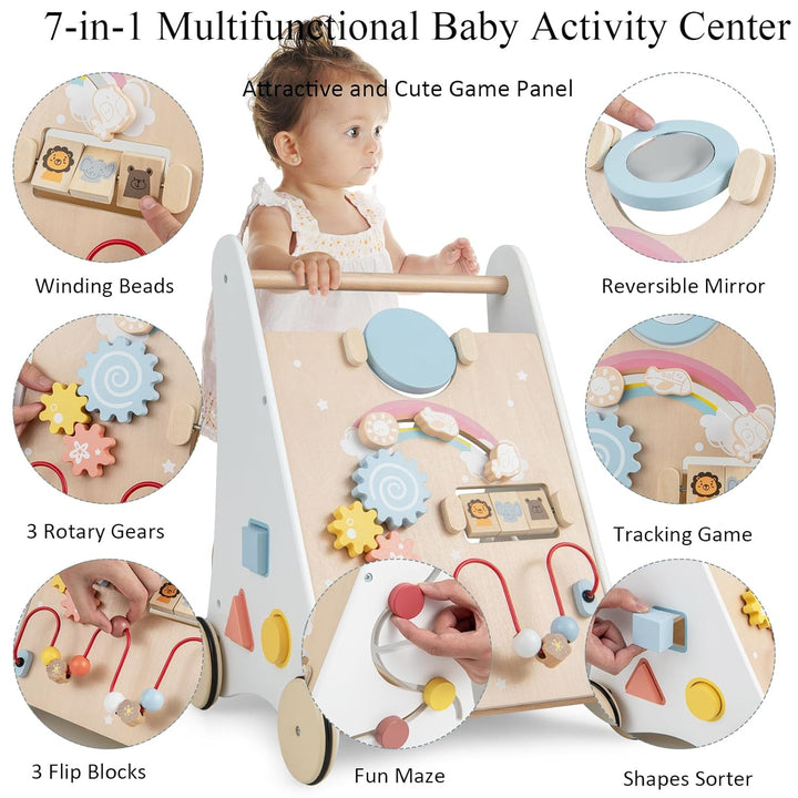 LIFEZEAL Lauflernwagen Holz, Lauflernhilfe mit Stauraum, Bauklötzen &amp; Spielboard, Baby Walker ab 36