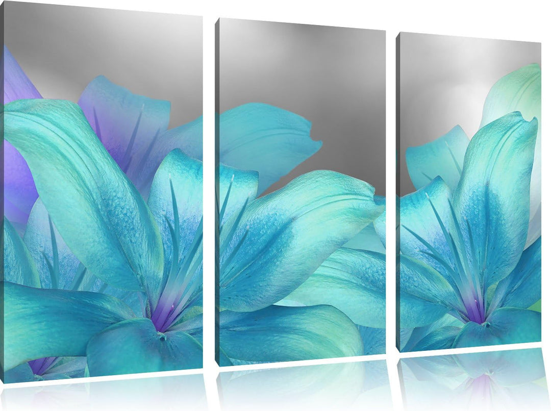 Pixxprint türkise Lilien als Leinwandbild | Grösse: 3 Teilig (120x80) | Wandbild| Kunstdruck | ferti