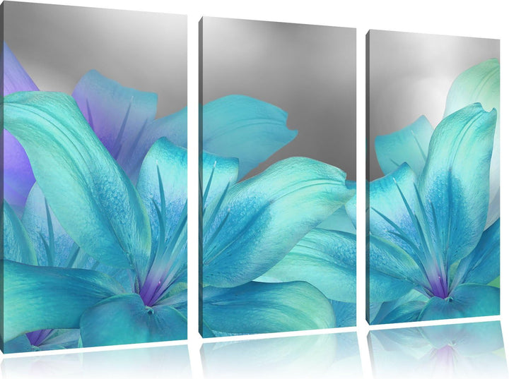 Pixxprint türkise Lilien als Leinwandbild | Grösse: 3 Teilig (120x80) | Wandbild| Kunstdruck | ferti