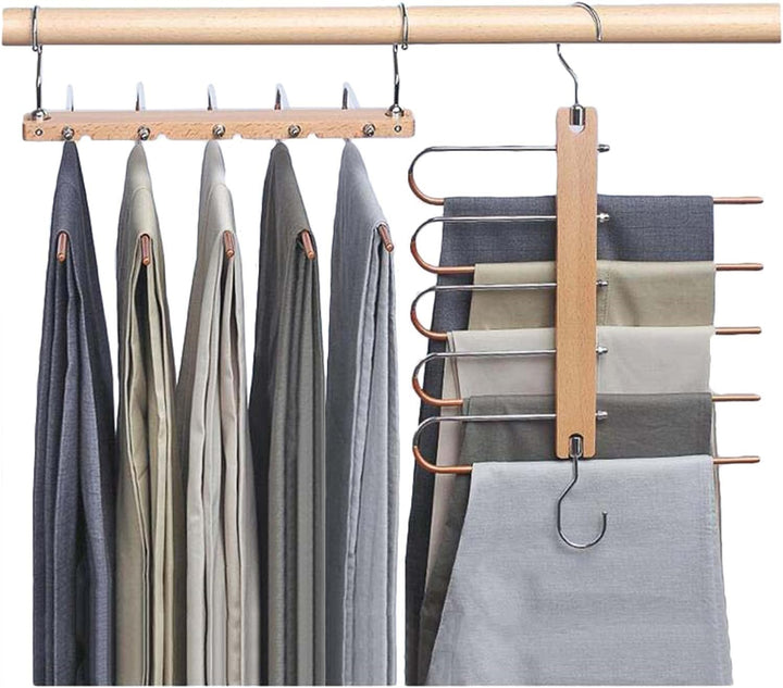 2 Stück 5in1 Hosenbügel Platzsparend,Edelstahl Hosenbügel rutschfeste Robuster, Holz Hosenkleiderbue