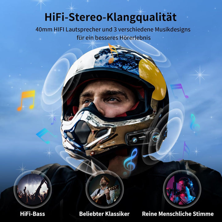 Fodsports FX8 AIR Motorrad Headset, Kommunikationssystem für bis zu 6 Motorräder mit 1500m Reichweit