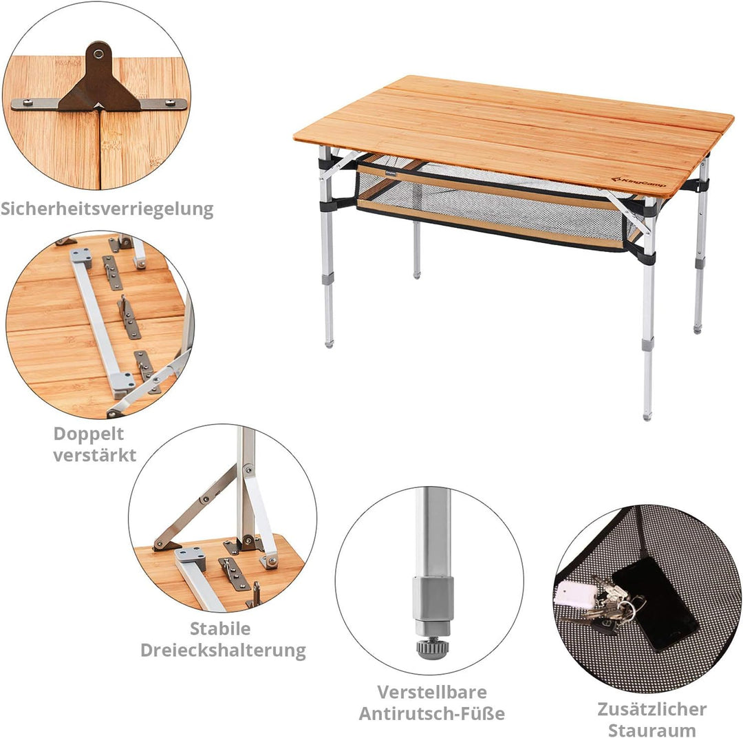 KingCamp Bambus Falt Tisch Camping Klapptisch Garten Alu Holz 3Höhen Verstellbar
