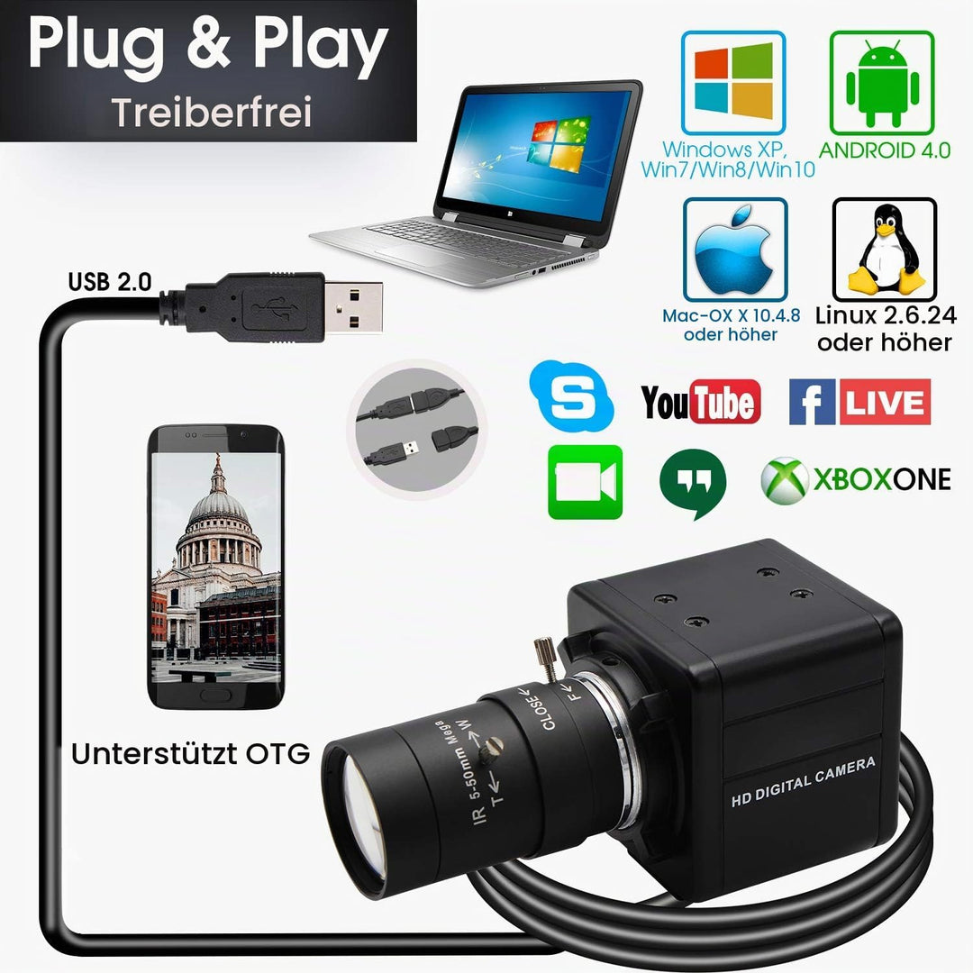 Svpro 5MP USB Kamera mit Zoomobjektiv 5-50mm,10X optischer Zoom Webcam Manueller Fokus mit Aptina MI