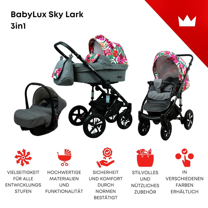 BabyLux® Kinderwagen Set 3 in 1 - Sky Lark - incl. Babywanne, Buggy Sportsitz, Auto-Babyschale - Aut