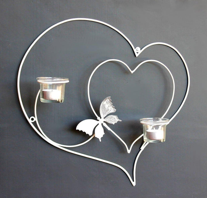 DanDiBo Wandteelichthalter Herz 39 cm Weiss Teelichthalter Metall Wandleuchter Kerze